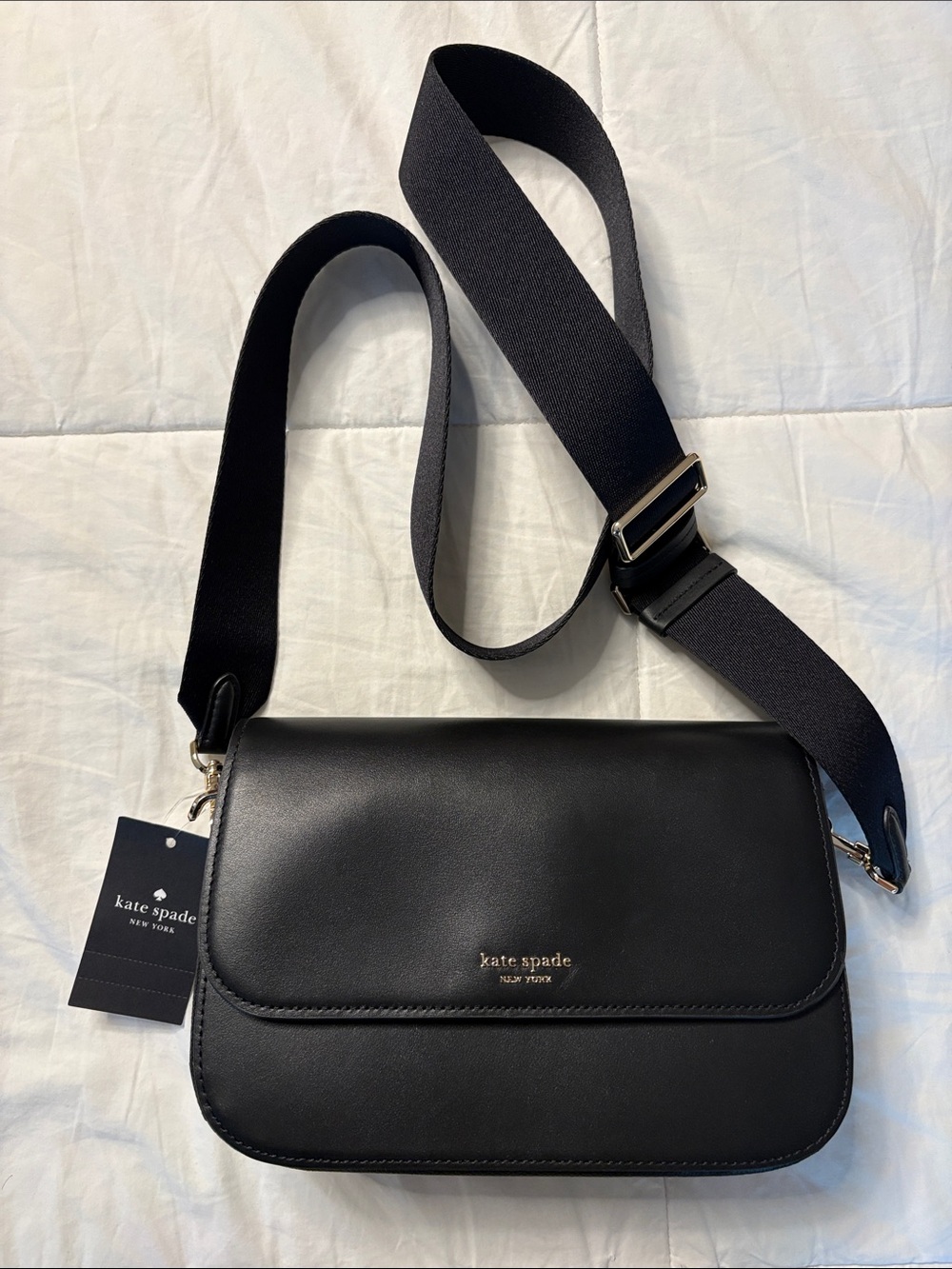 Kate Spade Buddie Smooth Leather Medium Crossbody, Black with Wide Strap